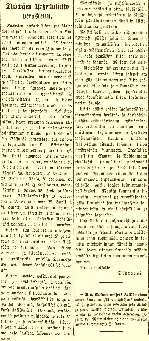 Työväen Urheiluliitto perustettu. Suomen Sosialidemokraatti 27.1.1919.