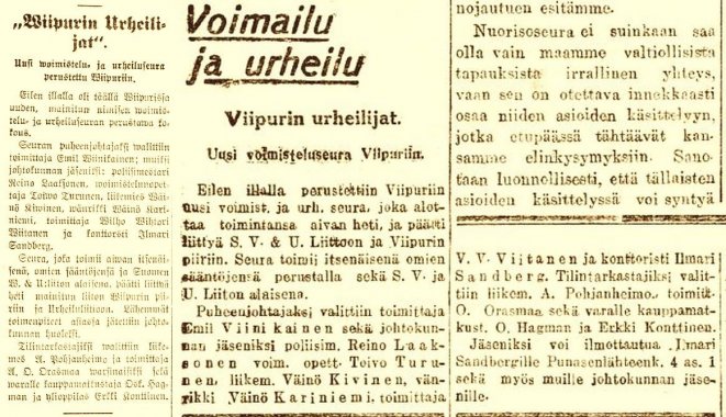 Viipurin Urheilijat syntyi ensimmäisenä itsenäisyyden kesänä