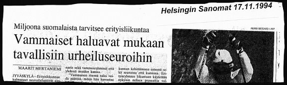 Lehtileike, Helsingin Sanomat 17.11.1994: Vammaiset haluavat mukaan tavallisiin urheiluseuroihin.